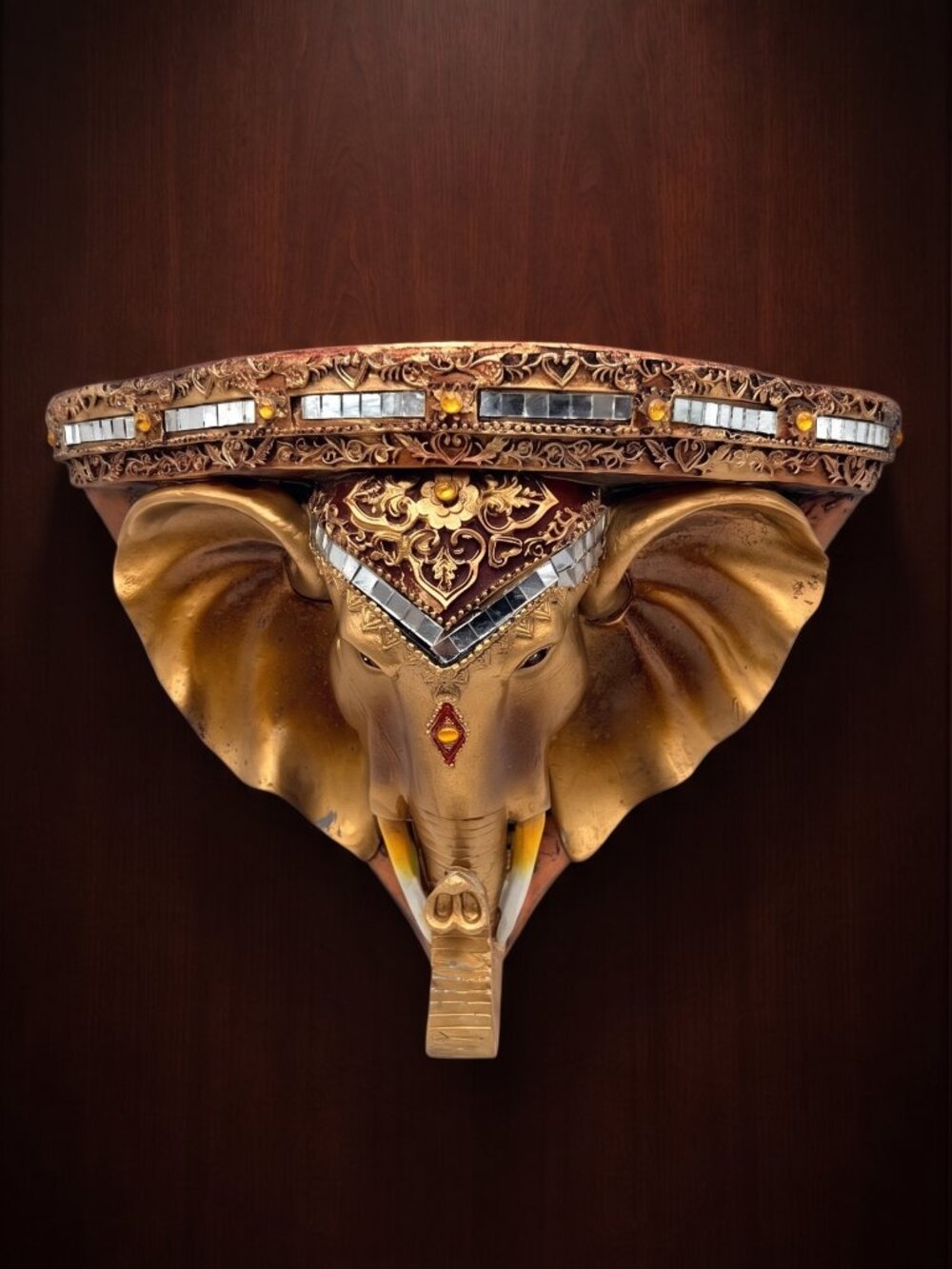 Vintage Gold Elephant Head Wall Shelf Jeweled Mirror Mosaic Indian Boho Decor